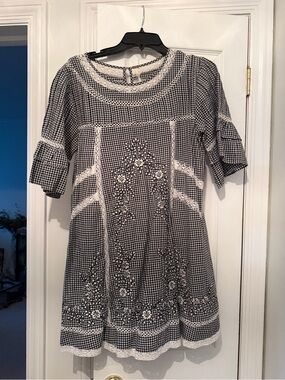 Free People Black and White Gingham Embroidered Mini Dress